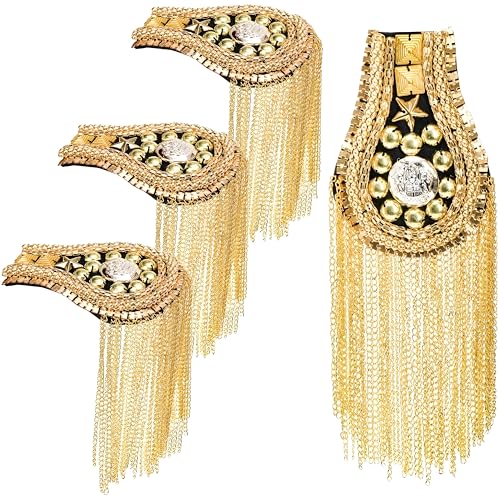 4 Pieces Tassel Shoulder Epaulettes, Metal Gold Fringe Shoulder Pads with Pins, Shoulder Boards Badge Beads Punk Fringe Epaulet for Jacket, Suit, Uniform Accessories