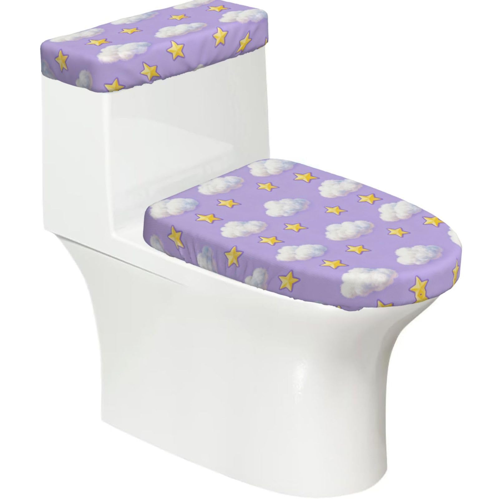 Cloud Star Seamless Elastic Toilet Cover Set of 2-Stretchy Lid and Tank Covers for Bathroom, Soft Washable U Shape Toilet Decor