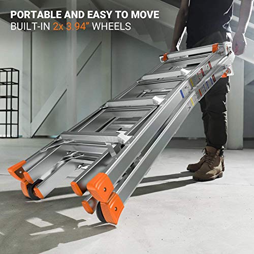 OT QOMOTOP Ladder, 17 FT Max Telescoping Ladder with Wheels, 300 lbs Load Capacity Step Ladder, 5 Models to Switch, Suitable for Various Scenes Indoor and Outdoor