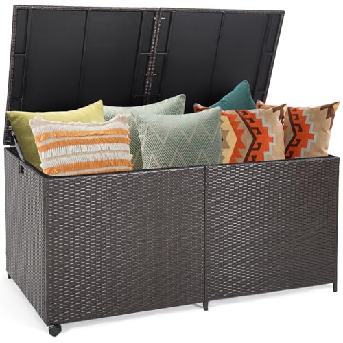 LIFEZEAL 662 L Coffre de Rangement en Rotin PE, Boîte Extérieur Intérieur avec 2 Roues Universelles, Housse Imperméable à Fermeture Éclair, Pouf pour Jardin, Balcon, 150x77x73 cm