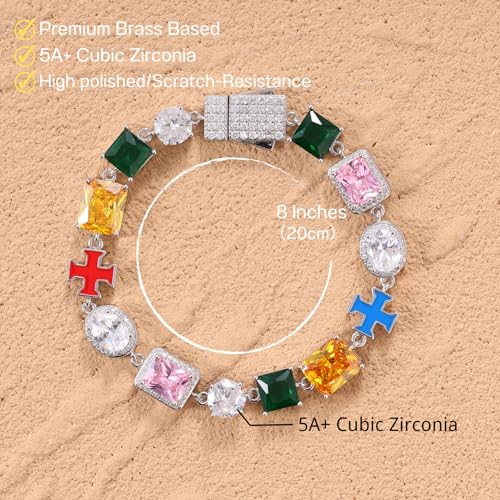 Lulu Mel Colorful Tennis Bracelet Diamond Chain, 10mm Tennis Diamond Colorful Cross CZ Stones Link Chain, Sparkly Rainbow Crystal 7-8 Inches Bracelet Fashion Jewelry Gift4