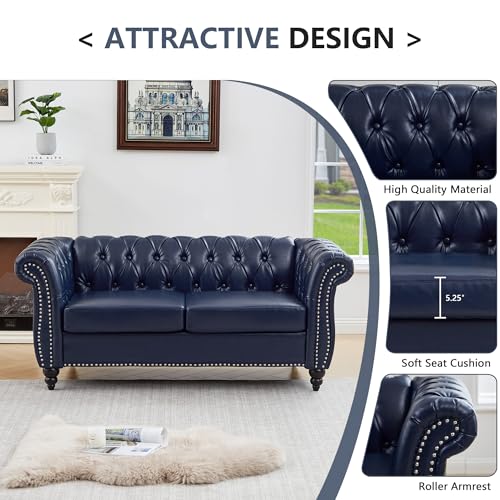 Image of QHITTY 2 Piece Living Room Set, Sectional Chesterfield Sofa Chair Contemporary Upholstered Leather Loveseat Couch Sets for Living Room, Office (Blue)