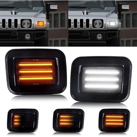 Gempro Led Sequential Amber Front Turn Signal Side Marker Lights White Parking Lamps for Hummer H2 2003-2009, 2PCS Smoked Len Cover