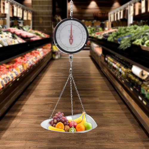 High Accuracy Double-Sided Dial Hanging Scale 22LBS, Mechanical Weight Scale with Chain and Scoop, Large Display Spring Scale for Farm, Kitchen, Food & Produce (Red)