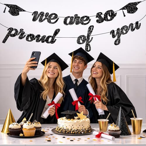 Image of Graduation Decorations 2026 2027 | Pre-Strung Class of 2026 Graduation Banner, Black Glitter We are So Proud of You Grad Banner for Graduations Party Decorations Favors Supplies School Home Car Decorations