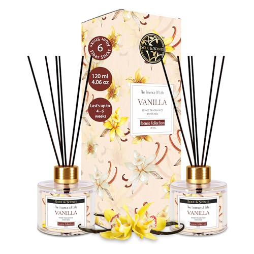 Image of Soul & Scents Vanilla Reed Diffuser Set - 120ml with Free 6 Fiber Reed Sticks Each | Toxin Free & Stress Relief | Long Lasting | Smoke Less Room Freshener for Home, Bedroom & Office | Pack of 2