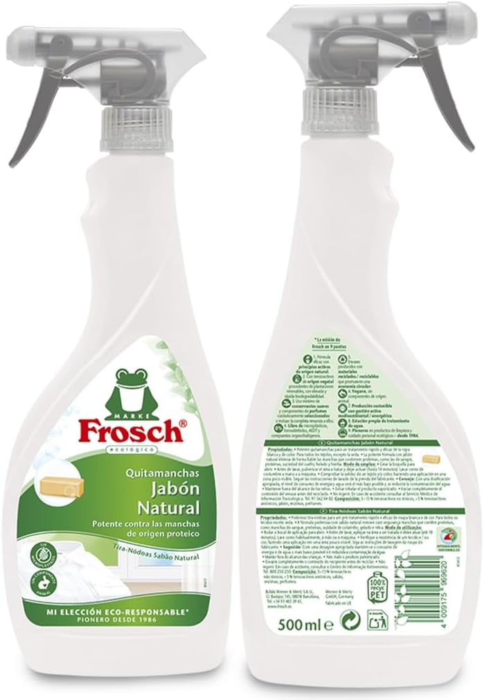 Frosch Quitamanchas Ropa 500ml - Spray Quitamanchas Textil Natural para Manchas Difíciles - Sin Microplásticos - Para Ropa Blanca y Color - Imagen 2