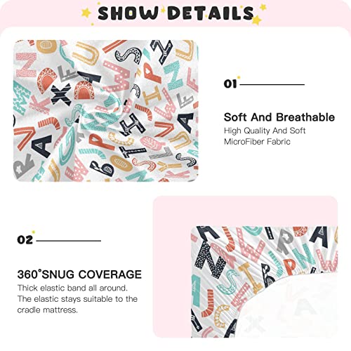 Image of Fitted Crib Sheets ABC Cartoon Alphabet Stretchy Portable Playard Sheets for Baby Toddler, Breathable Soft Mini Crib Mattress 52 x 28 in for Boys and Girls