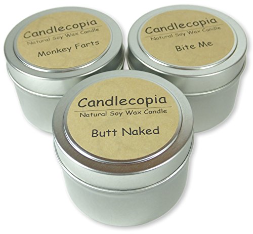 Candlecopia Monkey Farts, Butt Naked and Bite Me Strongly Scented Hand Poured Vegan Travel Tin Candles, 3 x 4 Ounce Tins