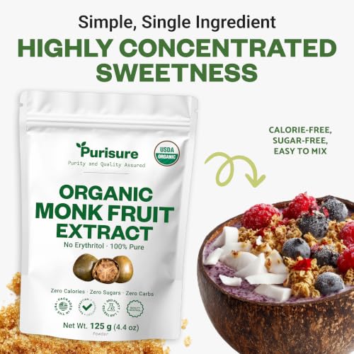 Image of Organic Monk Fruit Extract Powder, 125g (4.4oz), No Fillers Pure USDA Organic Monk Fruit Extract Sweetener with No Aftertaste, Zero Calorie & Zero Carbs, Keto & Paleo Friendly 403 Servings