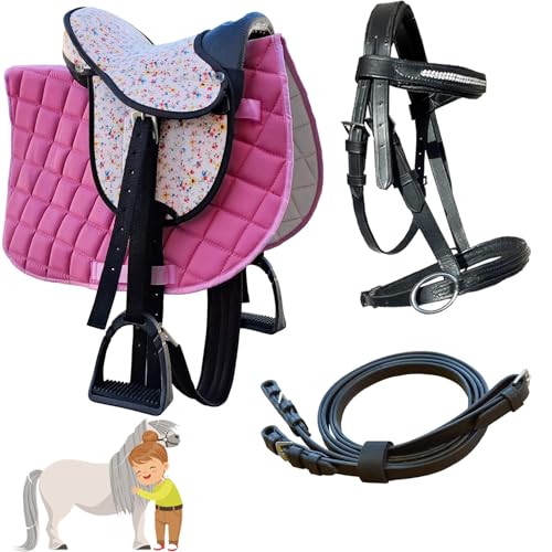 My Sweet Pony Kinder Shettysattel-Set Pink Flower + Trense + Zügel | für Pony Shetty und Holzpferd | Alles enthalten | Komplett-Set | Ideal für erste Reitversuche