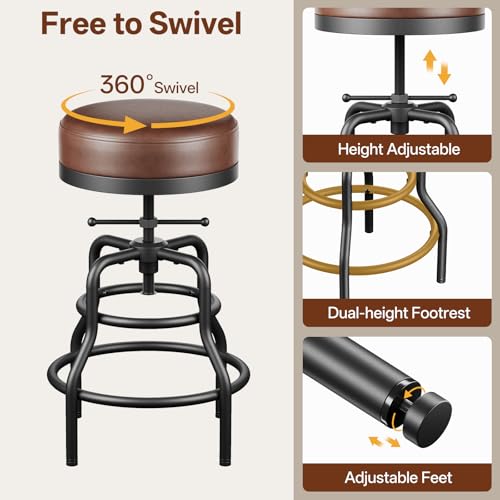 Image of Raynesys 22-29 Inch Adjustable Height Industrial Swivel Bar Stools Set of 2 | Vintage Bar Counter Height Stool with Thicken Premium Bonded Leather Seat & Updated Footrest, Easy Assembly, Brown