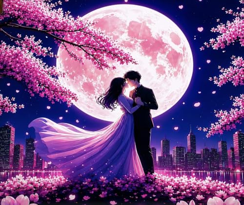 Image of RUMPS 7D Romantic Moonlight Couple Printed Flat Bedsheet King Size 90x100 Inch with 2 Pillow Covers 16x26 Inch | Luxury Love Theme Microfiber Double Bedsheet