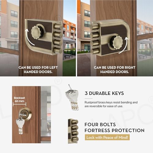 Image of LAPO Mega Bolt Heavy Duty Door Lock, Four Bullet Deadbolt for Main Wooden Door, One Side Key, Fits Left & Right Hand Doors, High Strength, Premium Security,3 Years Warranty(,Antique Finish)