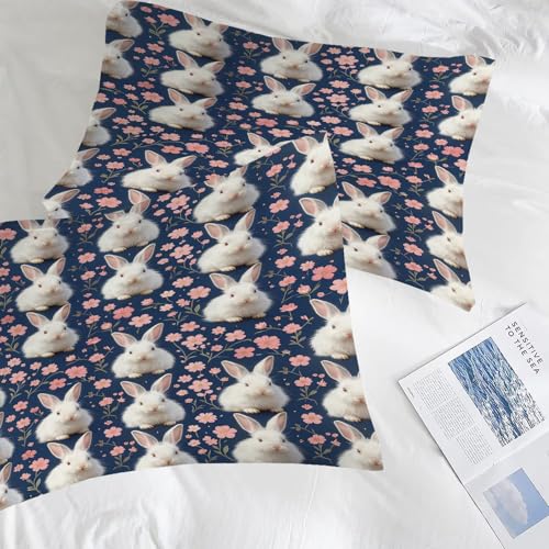 Image of Kawaii Floral Rabbit Comforter Set Queen Size Blue Pink Flower Bunny Bedding Sets for Kids Teens Boys Girls Bedroom Easter Decor Cute Animal Quilt 1 Comforter 2 Pillowcases