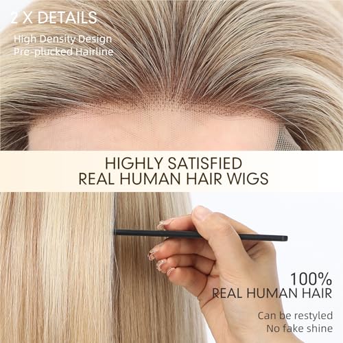 Image of KKU 100% Human Hair Lace Front Wig for Women- Pre-Plucked Natural Hairline, Side Part Ombre Blonde Brown Wig, 14 Inch, Soft & Natural Hair for Daily Use