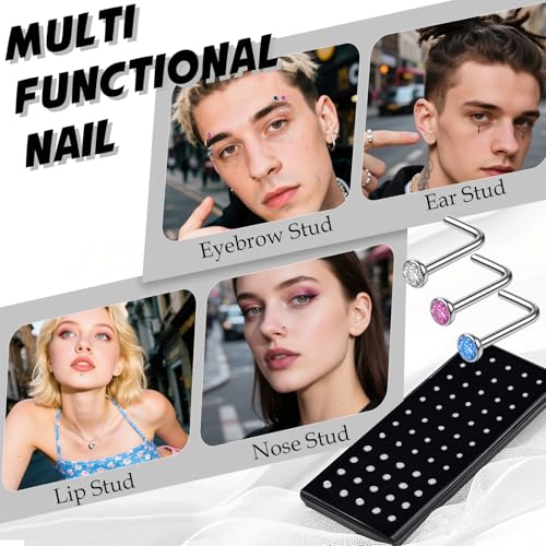 SMUOBT 120pcs 22G L Shaped Stainless Steel Nose Studs Rings Piercing Pin Body Jewelry 1.5mm 2mm 2.5mm a Set White and Colour2