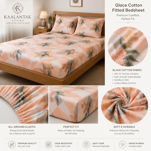 Image of Fitted Bedsheet Peach Floral Chevron Print Glace Cotton 210 TC | Full Single Size for Single Bed Fits 4 x 6.25 ft Mattress (48 x 75 Inch) | All Around Elastic | 2 Pillow Covers | 7 Inch Deep Pocket