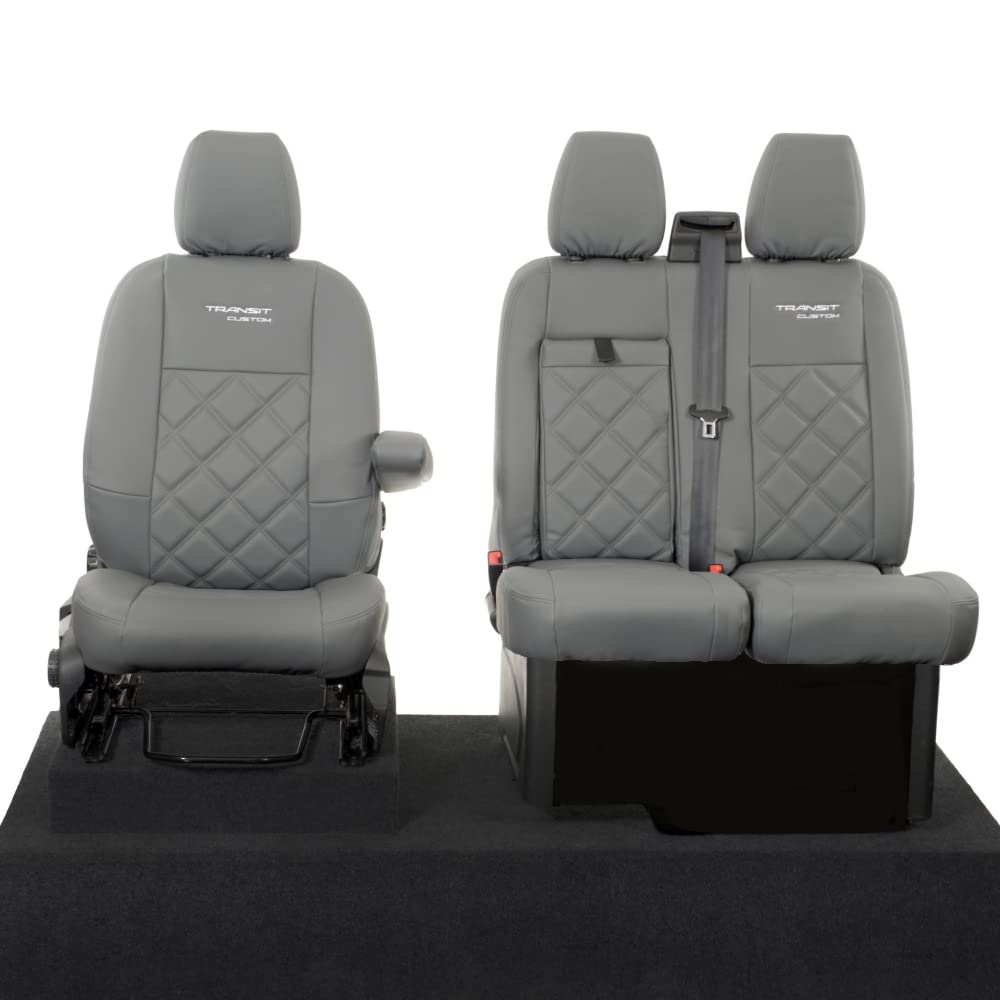 UK Custom Covers SC839G Tailored Leatherette Front Seat Covers (WITH Pull Down Tray) with Double Diamond Bentley Stitch & 'Transit Custom' Embroidery Grey - To Fit Ford Transit Custom 2013 Onwards