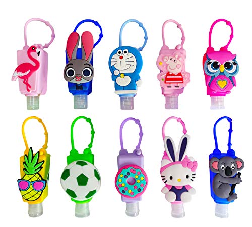 10 pcs Mixed Kids Hand Cleaner,Sanitizer Holder Travel Sized Cartoon Designs Silicone Detachable Holder,Empty Bottles Keychain Carrier 30ml/1oz Empty Clear Plastic Containers(NO LIQUID)
