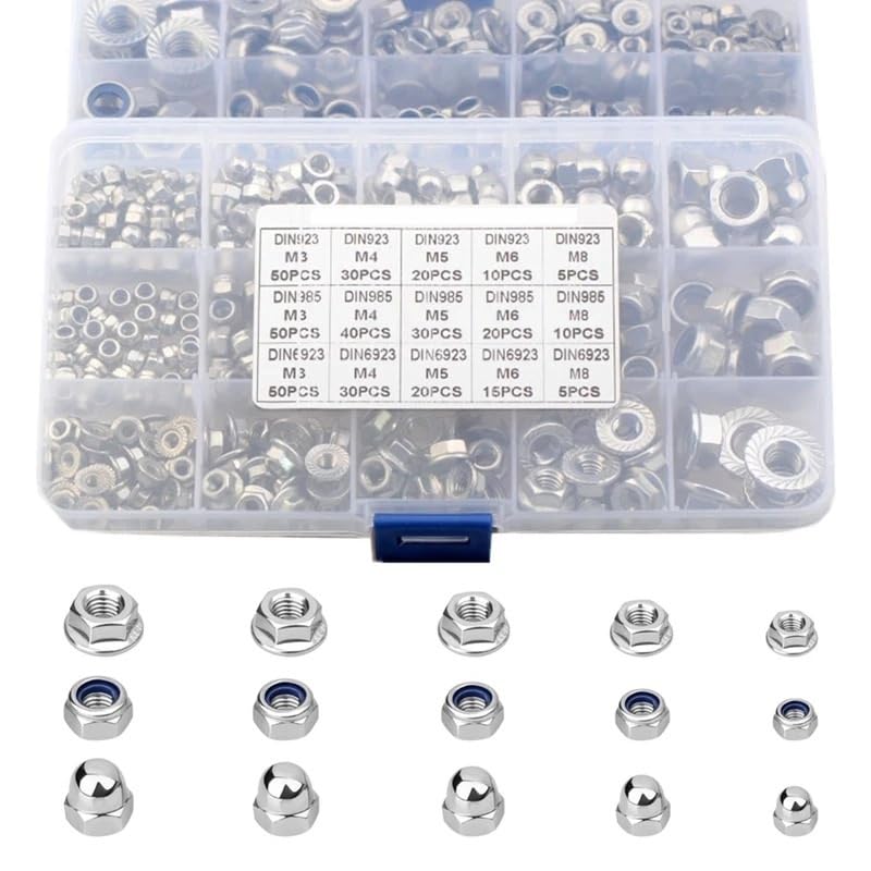 Juego de 385 tuercas hexagonales con brida M3 M4 M5 M6 M8, tuercas ciegas de acero inoxidable 304 con inserto de nylon y tuerca autoblocante.