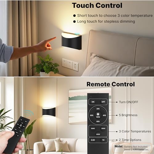 Image of FOLKSMATE Battery Operated Wall Sconces Set of 6, 8000mAh Rechargeable Remote & Touch Control Wall Lamps, 3 Color Temperatures, Timer Cordless Dimmable Light for Bedroom, Living Room, Hallway