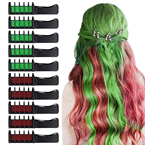 10 Pcs Hair Chalk Comb, Torokom Temporary Bright Washable Hair Color Comb Mini Hair Chalk For Girls Age 4 5 6 7 8 10 Kids Non Toxic Hair Color Dye For Christmas Halloween Diy Hair Color(Red & Green) #TOP14