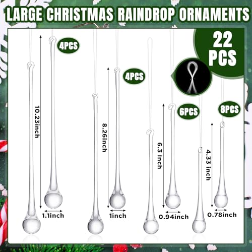 Image of 22 Pcs Clear Glass Teardrop Christmas Ornaments Crystal Raindrop Hanging Ornaments Crystal Chandelier Drop Pendant Icicles Decorations for Christmas in July Tree Party Supplies (4 Large Size)