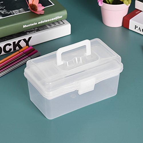 Image of Craft Storage Container with Handle 2 Layer Stack Carry Portable Plastic Bin Case Used for Organizing Stationery Sewing Jewelry Beauty Supplies (White)