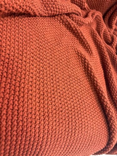 Image of Furnistitchs Plain Solid Knitted Sofa Throw Blanket 50x60 inches / 125x150 cms| Cotton Plain Knit with Tassels | Aesthetic Bohemian Decorative Couch Throws for Living Room & Bedroom (Rust)