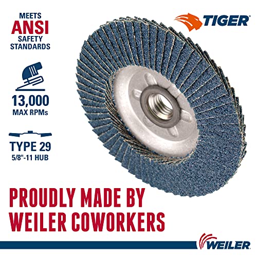 Image of Weiler 50510 4-1 /2 inch Tiger Disc Abrasive Flap Disc, Conical (TY29), Aluminum Backing, 24Z, 5 /8 inch-11 UNC Nut (Pack of 10)