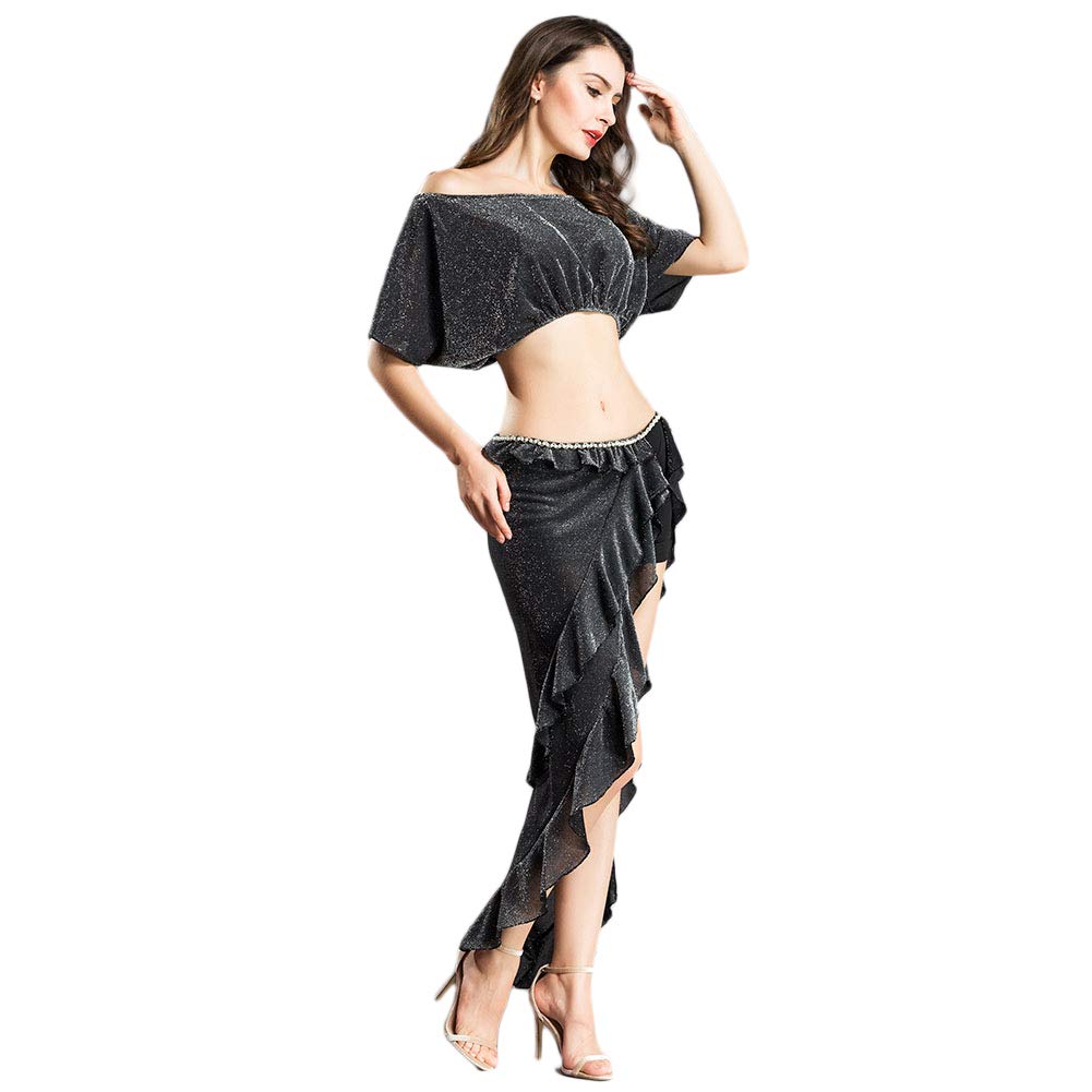 ROYAL SMEELA Bauchtanz Kostüm Damen Set Bauchtanz Rock Oberteil Tanzen Top und Rock Anzug Sexy Tiefe V. Fledermausärmel Top Dreieck Rock Bauchtänzerin Outfit Übungs Kleidung Bauchtanz Kleid für Frauen