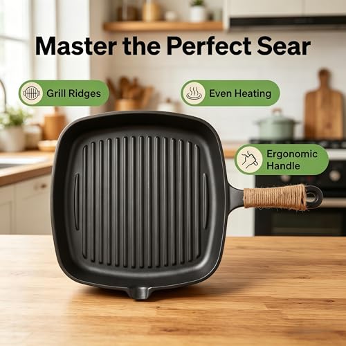 Cast Iron Grill Pan, 9.5" Square Griddle Skillet with Pour Spout, Oven Safe - Image 5