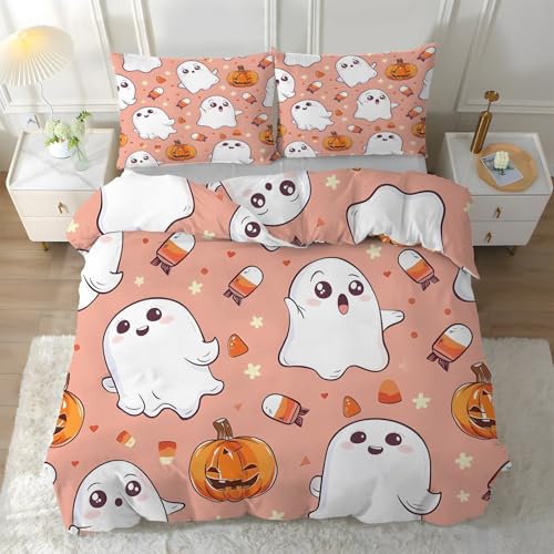 Funda Nordica Cama 180 Fantasma, Ropa de Cama Calabaza 3 Piezas - Funda Edredon 260x240 Dulce de Microfibra Suave con 2 Fundas de Almohada 50x75 cm, con Cremallera Y-361