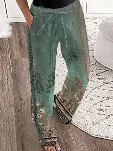 Womens Boho Wide Leg Pants Casual Elastic High Waisted Flowy Pants Beach Lounge Long Trousers with Pocket