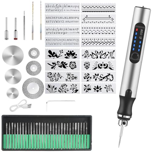 Kit de 60 pièces d'outils de gravure électrique, stylo de gravure rechargeable sans fil USB mini graveur DIY, outil rotatif pour art DIY, gravure sur verre,...