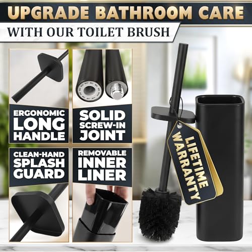Image of Black Toilet Brush with Square Stainless Steel Holder - Freestanding Toilet Brush and Holder Set Black - Removable Plastic Inner Cup, Splash Guard Cover, Replaceable Head, Corrosion Resistant Finish