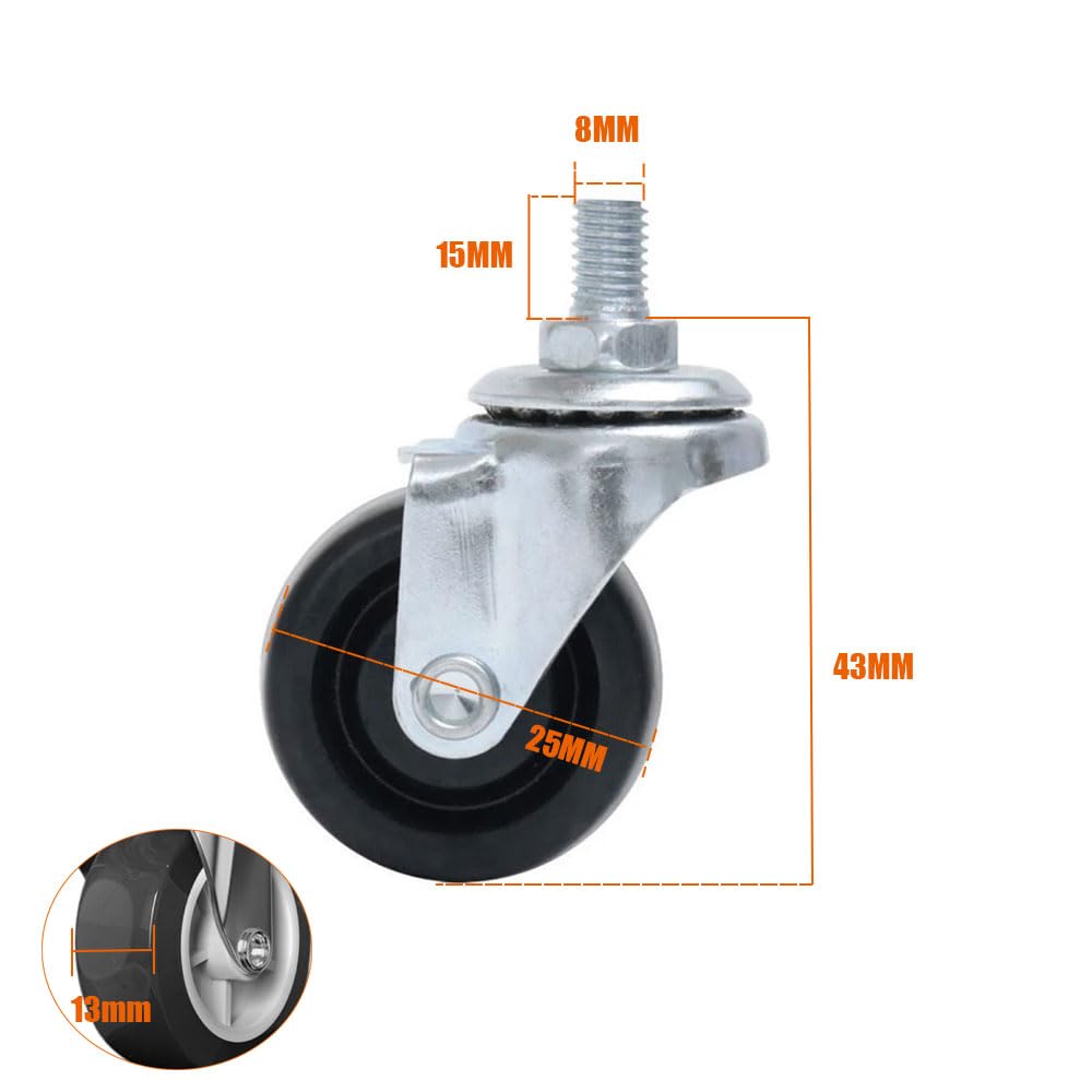 Swivel Rubber Caster Wheels for Shelves Heavy Duty 1 Inch Black Caster Wheel Threaded Stem Mount Caster Wheel Polyurethane Wheels (Pack of 8) (White)