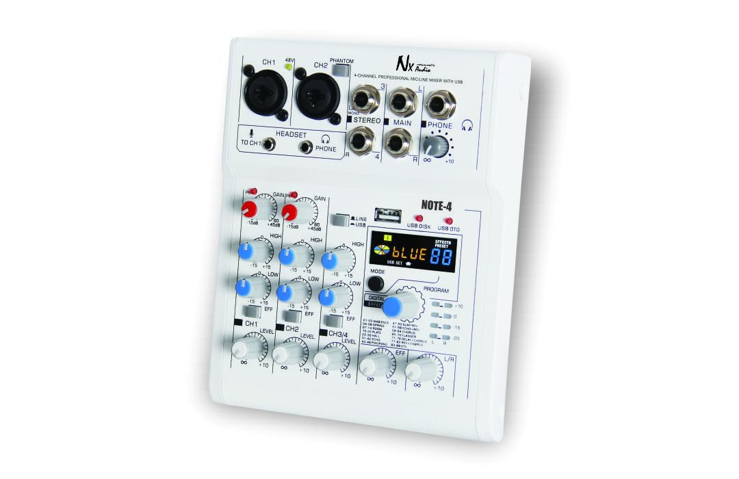 NX Audio NOTE-4 Professional 4-Channel Audio Mixer with 2 XLR Balanced Mic/Line Inputs, Stereo Channel, Digital Display, USB Port for DJ and Studio-image-30