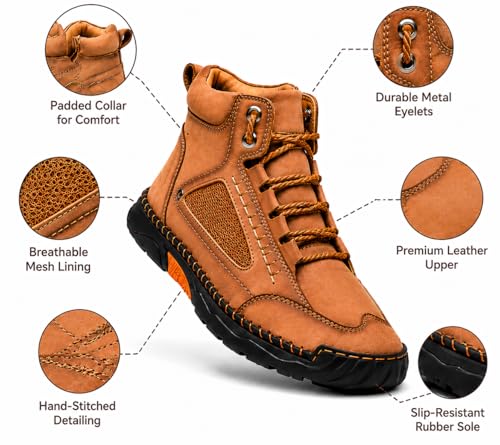 Image of Men's Wide Comfort Handmade Leather Boots Men's Waterproof Hiking Boots | Casual Walking Shoes, Lightweight Breathable Work Shoes with Arch Support, Non-Slip & Durable