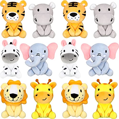 Image of Suilung 12 Pcs Mini Safari Stuffed Animals Bulk 4" Jungle Plush Toys Giraffe Tiger Elephant Zebra Lion Forest Animals Keychains for Classroom Birthday Baby Shower Graduation Party Favors