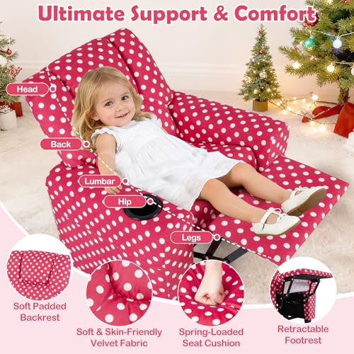 Image of Kids Recliner, Toddler Lounge Chair w /Cup Holder, Wide Armrest, Kids Sofa w /Adjustable Footrest, Comfy Toddler Recliner Chair for for Boys & Girls 3 + (Fabric, Red Polka Dots)