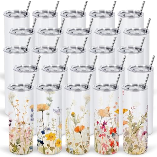 25 Pack Sublimation Tumblers Bulk 20 Oz Stainless Steel Double Wall Insulated Tumbler Straight Sublimation Blank Cups with Lid and Straw Individual Gift Boxed