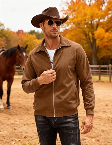 Image of COOFANDY Men's Casual Corduroy Jacket Lightweight Zip Up Vintage Jacket Collared Bomber Jacket