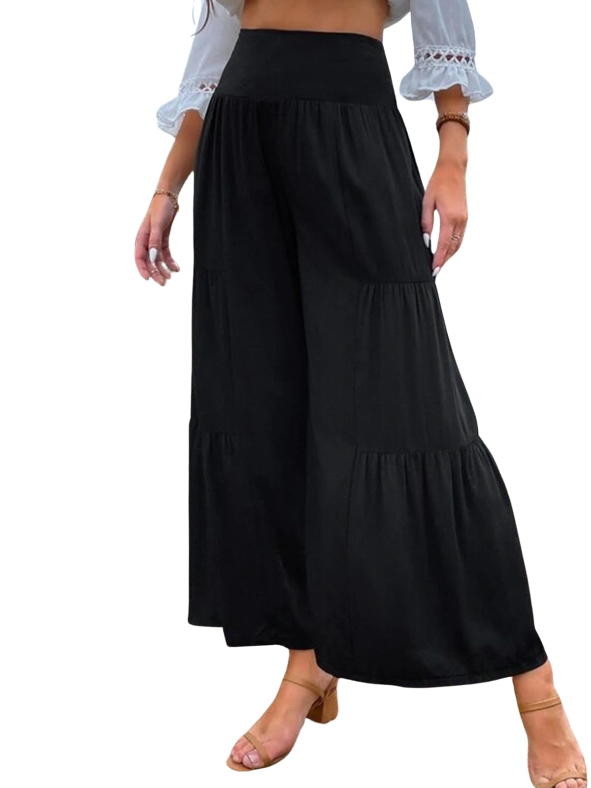 Womens Boho High Waisted Wide Leg Palazzo Pants Summer Beach Flowy Baggy Tiered Flared Trousers