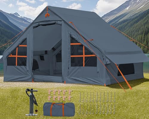 Inflatable Camping Tent with Pump, 4 Person Glamping Tents Sun Shelter, Easy Setup Waterproof Outdoor Oxford Tents, Self-Supporting Structure Inflatable House Tent