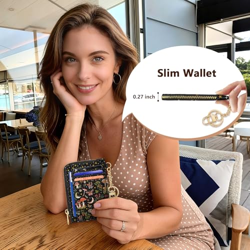 Image of GIANCOMICS Slim Wallet Credit Card Holder Women, Mushroom Rfid Blocking Small Card Case, Keychain Thin Pocket Curved Zipper Wallet, Travel Card Holder PU Leather ID Window, Ladies Female Gifts