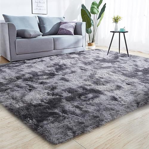 GJWLaie Rugs Living Room Grey Area Rugs for Bedroom Anti Silp Soft Shaggy Tie-Dye Plush Fluffy Living Room Rug Indoor Home Kidsroom Decor Carpet(Dark Grey 160 * 230cm)