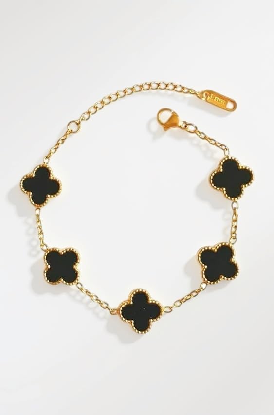 Clover Bracelet for Women Stylish | Anti Tarnish Bracelet for Woman | Fashion Jewellery for Women Aesthetic Accessories for Girls Chain Bracelet | Stainless Steel Bracelets for Everyday Wear (Black Clover)