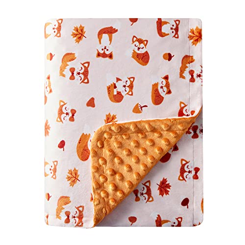 Image of DaysU Silky Micro Soft Plush Baby Blankets Unisex with Print Animal Pattern and Soothing Raised Dots, Double Layer Bed Throws for Baby Crib, Fox, Orange, 30x40 Inches